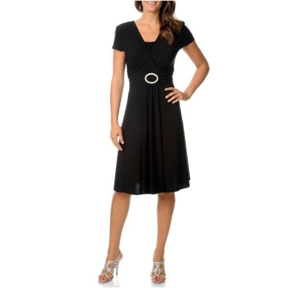 R & M Richards Women Navy Blue with Silver Rhinestone Buckle Shift Dress Size 8